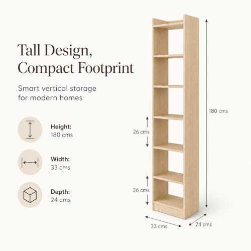 Image of FURLAY SlimTower 180 cm Tall Bookshelf, 6-Tier Slim Open Shelf Organizer, Space Saving Book Rack for Bedroom, Study Room, Living Room, Office, Kids Room & Decor Storage (FWBS7L-Classic Oak)
