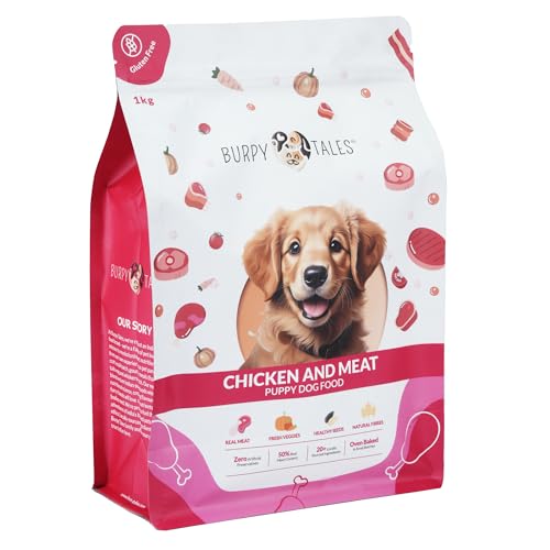 Image of Burpy Tales Dry Dog Food for Puppies - 1KG, Baked Chicken and Meat Kibble for Large & Small Breed Dogs, Real Meat & Fresh Vegetables for Active Nutrition, Kibbles with Zero Artificial Preservatives