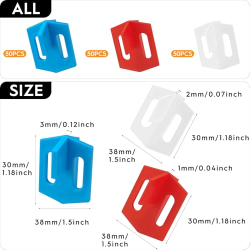 Fliesen-Nivelliersystem, wiederverwendbar, 3 Seiten, Kreuzform, T-Form, Keramik-Boden-Wand-Werkzeuge, Kreuz, Keramikfliesenspalt (weiß, 1 mm, rot, 2 mm, blau, 3 mm), 150 Stück