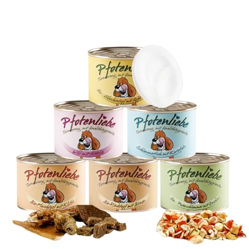 Pfotenliebe Bio-Hundefutter, Schnupperpaket mit verschiedenen Sorten, ausgezeichnete Bio Qualität seit 2007, 6x200g