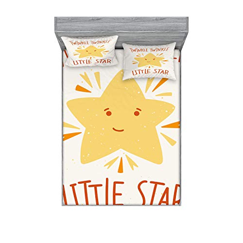 Ambesonne Cartoon Fitted Sheet & Pillow Sham Set, Twinkle Little Star Phrase Happy Yellow Art Illustration, Decorative Printed 3 Piece Bedding Decor Set, King, Mustard Dark Orange