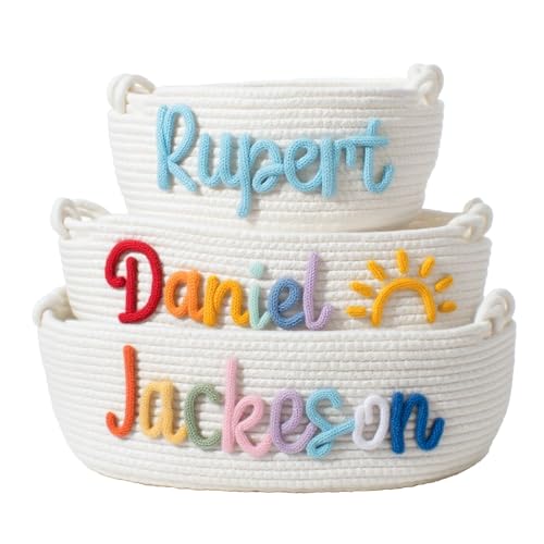 REQTYUI Personalized Handmade Baby Basket Gift - Hand Embroidered Name, Natural Rattan Storage Bin for Newborn Nursery, Baby Shower & Easter Present Organizing Toys Blankets