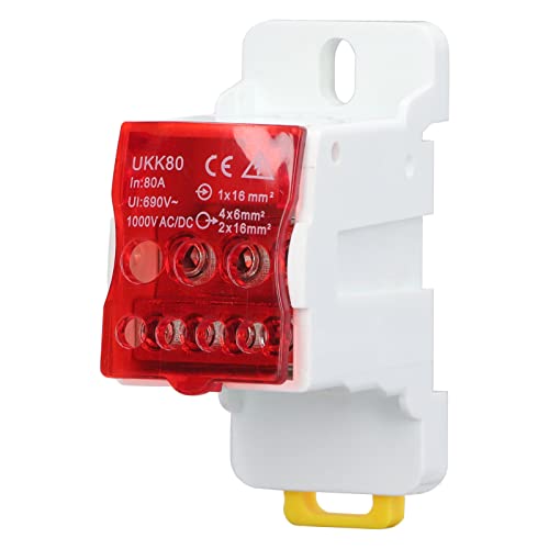 690V 80A DIN Rail Terminal Block Distribution Box,Spliceable Brass Conductor Terminal Junction Box,for Various Power Distribution Needs (Red)