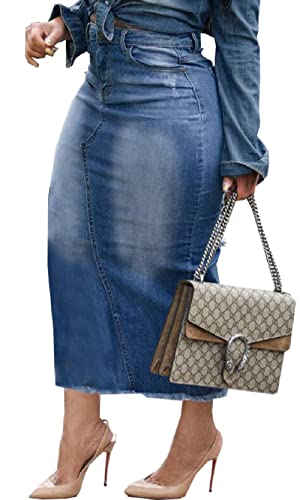Women's Casual Slit Denim Midi Jean Skirt Stretch High Waisted Button Up Frayed with Pockets