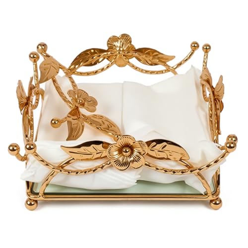 Image of Gold Floral Metal Napkin Holder with Mirror Base, Decorative Flower and Leaf Design, Elegant Table Decor