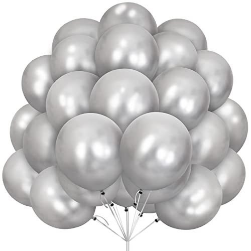 Ballons Argentés, Paquet 30 Ballons Argentés Métalliques en Latex 12 Pouces 30,5 cm Ballon avec Ruban pour Femmes Garçons Fête d'anniversaire de Filles Mariage...