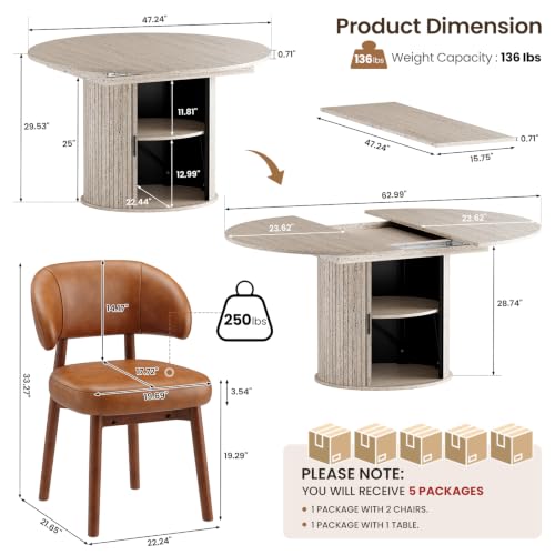 Image of MALOL 47 inch-63 inch Extendable Round to Oval Dining Table Chairs Set for 4-8, Modern Wooden Kitchen Table and Chairs with Hidden Storage and Fluted Design for Dining Room /Small Space(White and Brown)