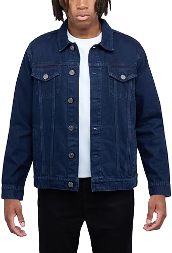 X RAY Mens Denim Jacket, Washed Ripped Distressed Flex Stretch Casual Trucker Biker Jeans Jacket for Men, Navy, Large