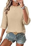 Arach&Cloz 2026 Women's Cotton Spring Summer Crochet Tops Crew Neck 3/4 Half Drop Short Sleeve Hollow Out Oversized Resort Wear Sweater Casual Vacation Outfits Fashion Trendy Shirts Light Khaki XXL