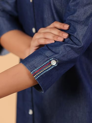 Image of SAVI Women's Blue Denim Embroidered Kurta | Round Neck Front Button A-Line Kurti with 3 /4 Sleeves | Ethnic Casual Wear