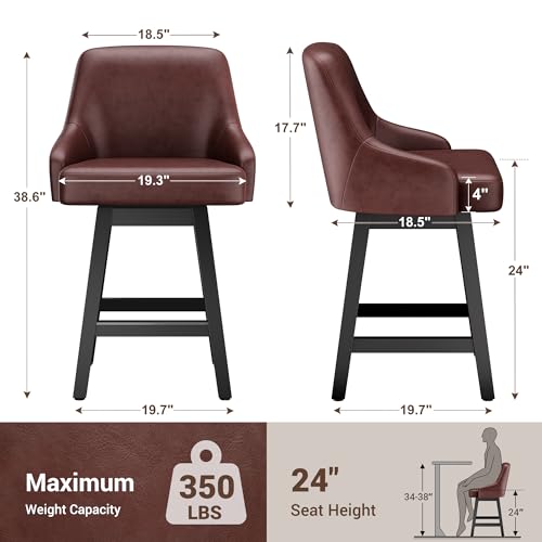 Image of YaFiti Swivel Counter Height Bar Stools Set of 3, 24 inch Modern Faux Leather Barstool with Back, Widen Upholstered Seat, Hardened Wood Legs for Kitchen Counter, Island, Dining Room, Brown