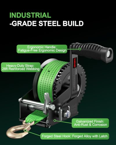 Image of Kolvoii 1600 lbs Boat Trailer Winch with Strap, Portable Hand Winch, 2-Way Ratchet 4.1:1 Gear Ratio for Boat, Trailer, Marine and Jet Ski, 26FT Strap, Green