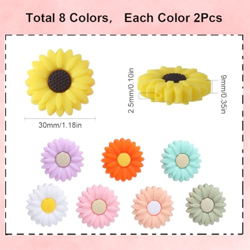 SUNNYCLUE 1 BOX 16PCS Flower Silicone Beads Daisy Focal Silicone Beads Cute Rose Chunky Rubber Loose Spacer Double Sided Bead Bulk for Beaded Pens Keychain Making Kit Valentine's Day Bracelet Craft - Image 2