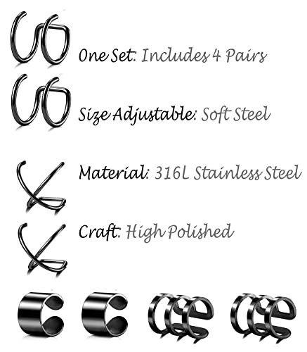 Tornito 4-10 Pairs Stainless Steel Ear Cuff Helix Cartilage Clip On Wrap Earrings Fake Nose Ring Non-Piercing Adjustable4