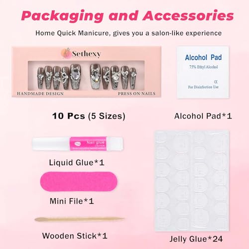Sethexy Long Coffin Handmade False Nails - Glitter French Tip, Rhinestone, 3D Design Press on Nails Women Salon Stick on Nails 10PCS - Image 4