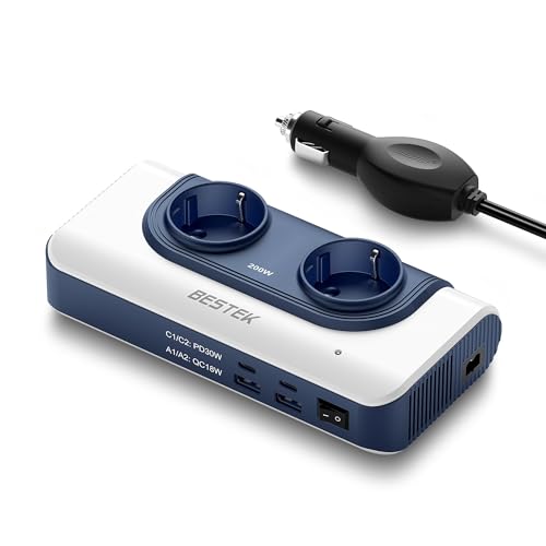 BESTEK Transformador 220v a 12v Inversor de Corriente 200W con 4 Salidas USB, 2 AC Tomas Y Encendedor, Convertidor Onda sinusoidal con Protección para Barco, Caravana,Coche,camper furgoneta accesorios