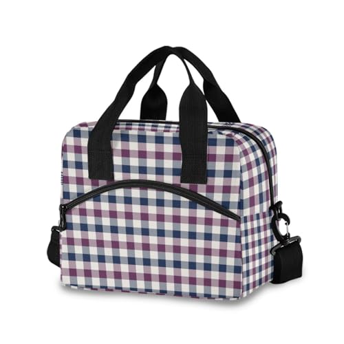 Insulated Lunch Bag Reusable Cooler Purple Beige Plaid Lunch Box Adjustable Shoulder Strap for Picnic Office School