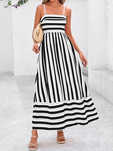 Image of PRETTYGARDEN Women Summer Maxi Dresses 2026 Spaghetti Strap Boho Floral Striped Wedding Guest Beach Vacation Flowy Long Dress
