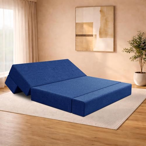 Image of 4x6-Feet 2-Seater Sofa Cum Bed Foldable Sofa Cum Bed Washable & Zipper |Jute Finish Fabric - Blue-Color