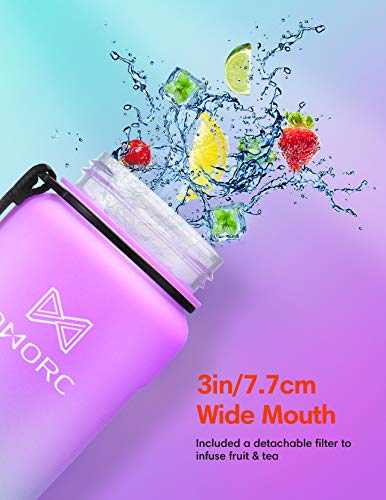 OMORC Sports Water Bottle with time marker-32oz, Fruit Infuser BPA Free Tritan Plastic Drinking Bottle with Locking Flip Lid, One-Handed Open Fitness Workout Water Bottle with Filter Blue