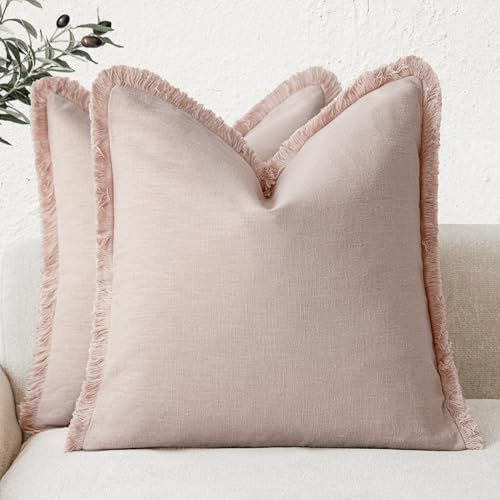 Foindtower Set of 2 Decorative Linen Fringe Throw Pillow Covers Boho Farmhouse Cushion Cover with Tassels Soft Accent Pillowcase for Couch Chair Sofa Bed Living Room Home Decor,16×16 Inch,Light Pink