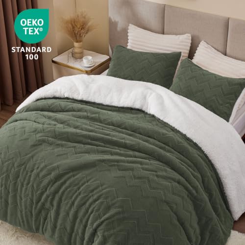 Image of BEDELITE Fluffy Sherpa Queen Comforter Set,Dark Green