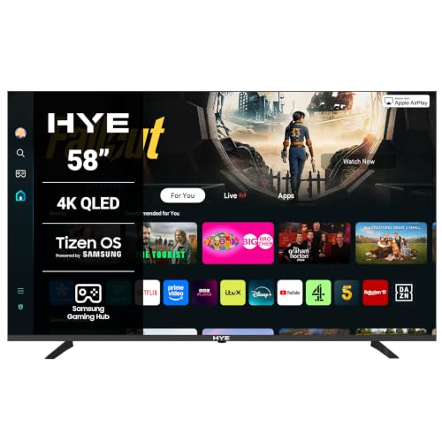 HYE TV - Smart TV 58 Screen Size 4K Resolution QLED Technology Apple AirPlay Samsung Tizen OS & Gaming Hub Versatile Connectivity Black Perfect For Streaming Gaming & Entertainment