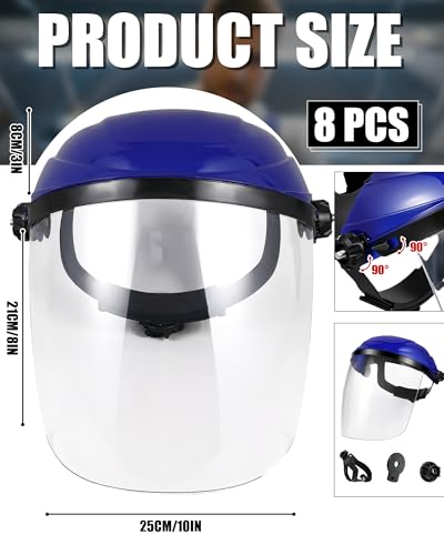 Image of Tellegloww 8 Pack Safety Face Shield for Grinding, Impact Resistant Blue | Full Coverage Shields for Cutting Woodworking, Clear Visor Bulk Protection, Chemical Splash Resistant Adjustable Design