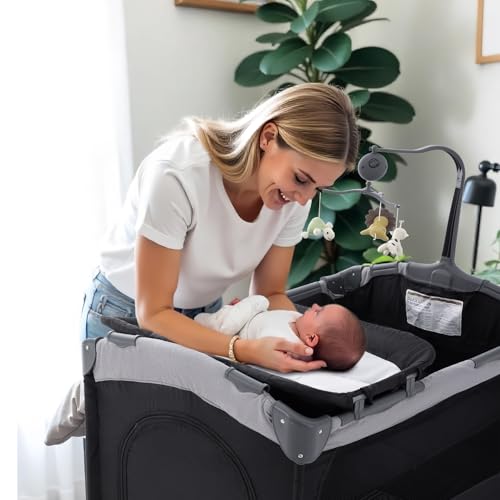 Image of Soobaby 5 in 1 Baby Crib,Bedside Sleeper Bassinet,Pack and Play with Bassinet and Changing Table,Portable Travel Playpen Music Box,Portable Travel Crib for Infant Newborn (Black Gray)