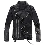 Men's Zippers Black Denim Jean Biker Jacket for Motorcycle Vintage Epaulet Holes Ripped Distressed Coat