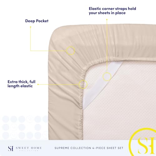 RV Queen Bed Sheets - Breathable Luxury Sheets with Full Elastic & Secure Corner Straps Built In - 1800 Supreme Collection Extra Soft Deep Pocket Bedding Set, Sheet Set, RV Short Queen, Beige