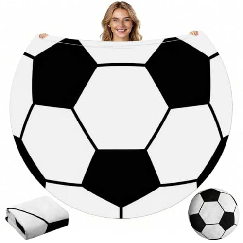 60 Round Sports Throw Blanket Soft Flannel with Storage Cover As a Throw Pillow Cushions Baseball Tennis Soccer Basketball Novelty Blanket for Sports Fan Birthday Senior Night Gift (Soccer)