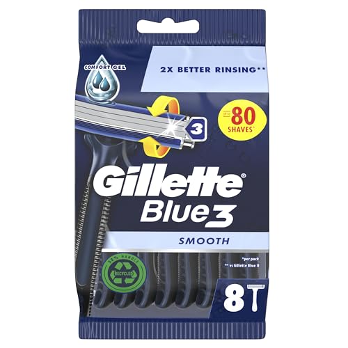 Procter & Gamble Gillette Blue3 - Maquinillas Desechables para Hombre x8, Tres Hojas de Afeitar Con Cabezal Pivotante 40° y Banda Lubricante
