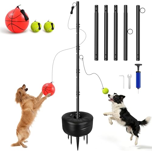 Hfshimlux Tetherball Set with Tetherball Ball and Rope 5-Prong Ground Anchor 20kg Water Weight Bag & Adjustable Height Pole Outdoor Backyard Lawn Park Rope Ball Game for Family Dogs(In-Ground Black)