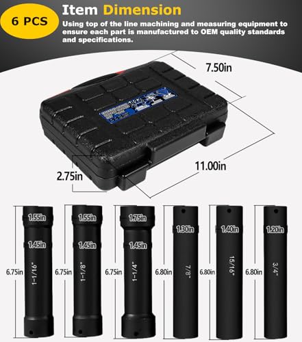 Image of 1 /2 Inch Drive Extended Length Impact Socket Set - 6 Piece Extra Deep Impact Socket Set - Hex Size 3 /4 inch, 7 /8 inch, 15 /16 inch, 1-1 /16 inch, 1-1 /8 inch, 1-1 /4 inch Heavy Duty With Storage Case For High Torque Use