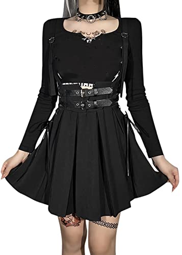 TSMNZMU Women Gothic Pleated Skirt Hight Waist Punk Halter Skirts Harajuku Adjustable Buckle Strappy Short Skirt2