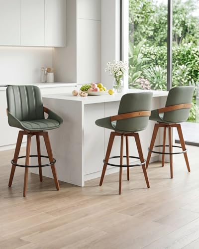 Image of AQG Green Bar Stools 30 Inch Leather Bar Height Stools with Backs, Mid Century Modern Swivel Bar Chairs, Upholstered Barstools Wood Frame for Kitchen Island