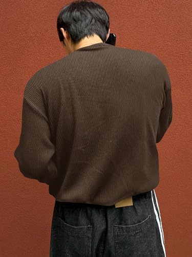 Image of Men's Textured Fabric Solid Color Basic Half-Open Collar T-Shirt, Fall Long Sleeve Men Shirt | Tshirt for Men