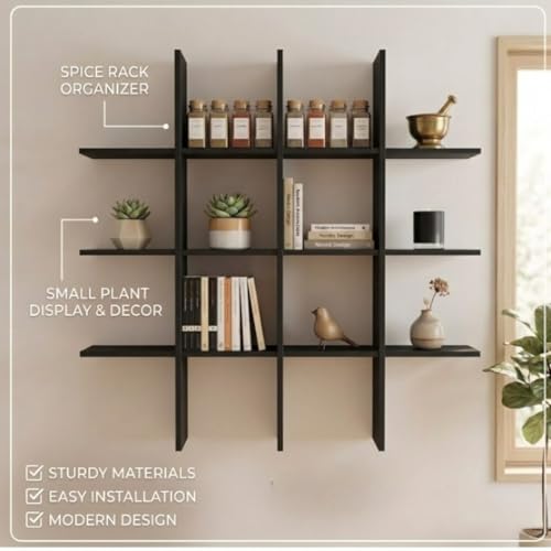 Image of Modern Wooden Wall Shelf for Living Room & Bedroom - Decorative Wall Mounted for Books, Showpieces & Home Decor - Multi-Compartment Floating Wall Organizer Full Black