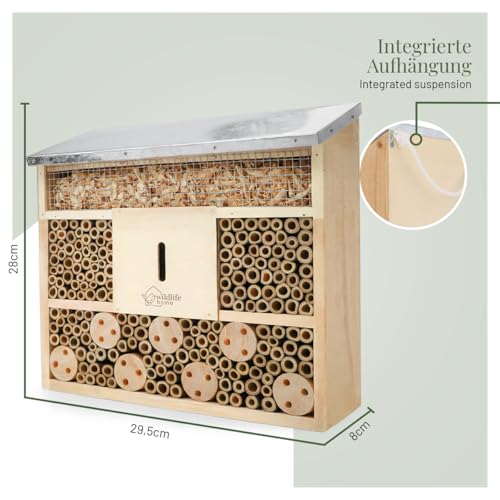 WILDLIFE HOME Bienenhotel Insektenhotel mit Metalldach I Unbehandelt, Bienenhaus aus Massiv-Holz für Bienen, Marienkäfer & Florfliegen, Insektenhaus I Nisthilfe Insektenhotel zum Aufhängen