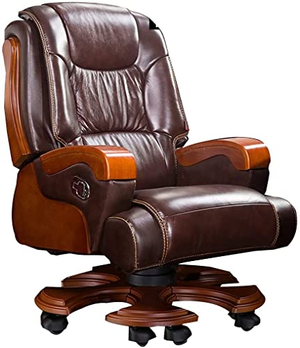 Luxury Ergonomic Executive Office Chair - Big & Tall Reclining Leather Chair with Solid Wood Armrests, High Back Rocking Design, Ideal for Comfort & Support in Office