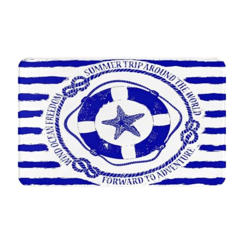 Carpet Trip Around The World Nautical Emblem with Lifebuoy Starfish Striped Cozy Flannel Floor Mat, Indoor Decorative Area Rug
