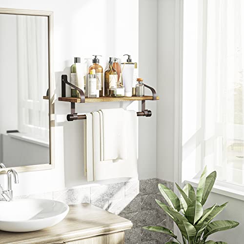 Love-Kankei Floating Shelf Wall Shelf For Storage Rustic Wood Kitchen Spice Rack With Towel Bar And 8 Removable Hooks For Organize Cooking Utensils Or Mugs Carbonized Black/Brown Brackets #TOP4