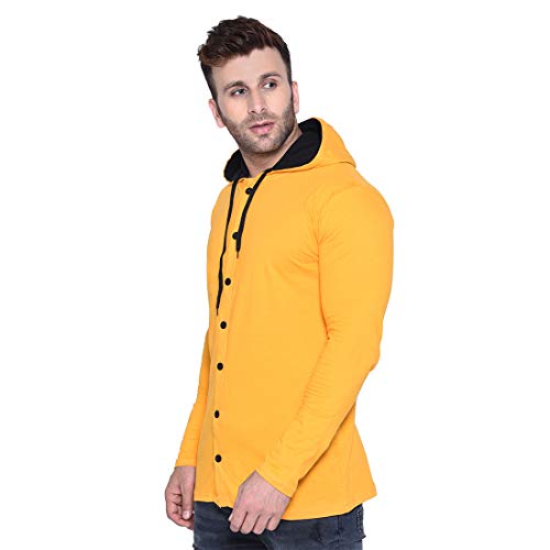 Image of Geum Men's Full Sleeve Hooded T-Shirt with Button-Down Front | Casual Slim Fit Cotton Shirt-Style Tee