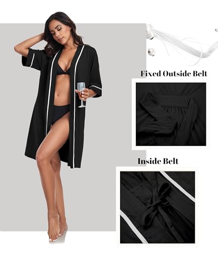 Image of ANLIQI Womens 100% Cotton Robes Lightweight Summer Short Sleeve Lady Bathrobe Knee Length Kimono Robe Sleepwear with Pockets