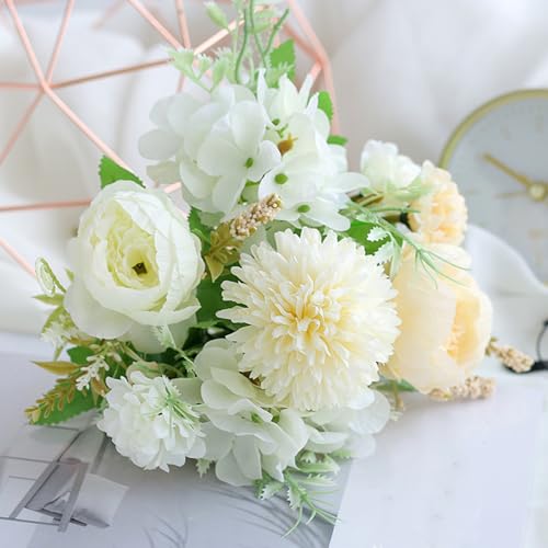HMIEPRS 2 Manojos Flores Artificiales, Seda Falsa de Rosas Claveles Margaritas Peonias Hortensias Ramo de Decoración, Plástico Realista Arreglos Florales para el Hogar Boda Fiesta Oficina (Blanco)