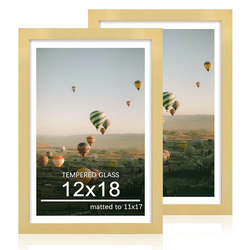 ccdcc 12x18 Picture Frame Set of 2, 12 x 18 Wood Poster Frames with Mat for 11x17, Wooden Photo Frames with Tempered Glass Cover for Wall Display,Gold
