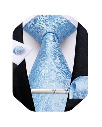 Image of DiBanGu Silk Floral Ties for Men Woven Paisley Necktie and Tie Clip Handkerchief Cufflinks Set for Party Wedding