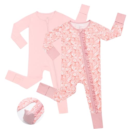 Image of JunNeng Baby Girl Viscose from Bamboo Sleeper with Mitten Cuffs, 2 Way Zipper Romper, Sleep N' Play Pajamas 0-18 Months
