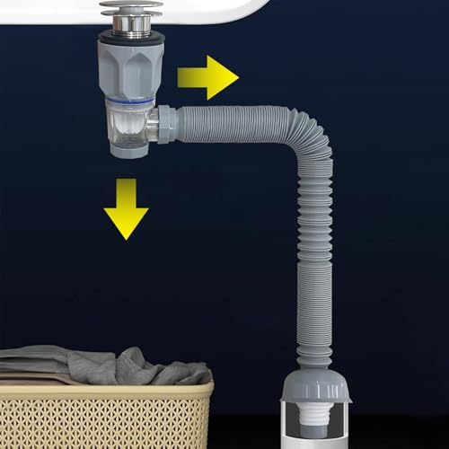 Image of Bathroom Sink Drain Kit,Flexible Expandable P-Trap Sink Drain Pipe for 1-1 /4 inch to 1-1 /2 inch Drain Hole Snappy Trap Flexible Drain Pipe with Pop Up Sink Drain Stopper (Gray)